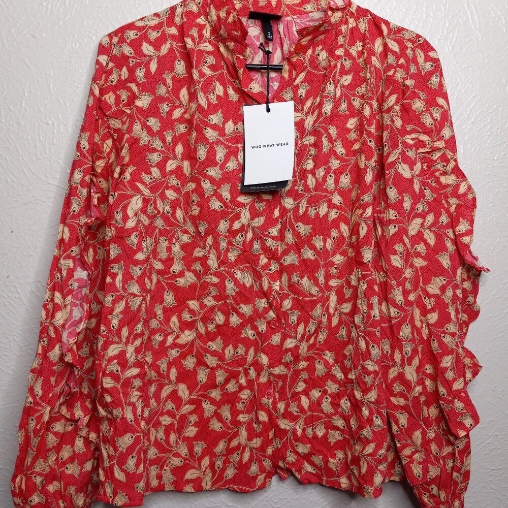 Who‎ What Wear Red Floral Ruffle Sleeve Blouse Mock Neck Top Small NWT